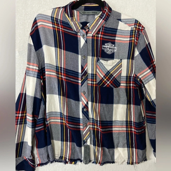 Harley Davidson black red white plaid raw hem button Shirt Sz L - Picture 1 of 11